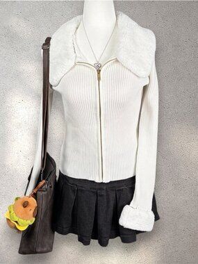Dylan Ryan NYC Faux Fur Zip Cardigan Women’s L White Ribbed Y2K Chic Streetwear